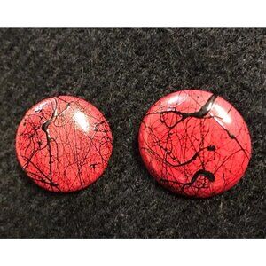 VINTAGE ABSTRACT RED & BLACK SPLATTER PAINT ROUND CLIP ON EARRINGS 80'S ESTATE